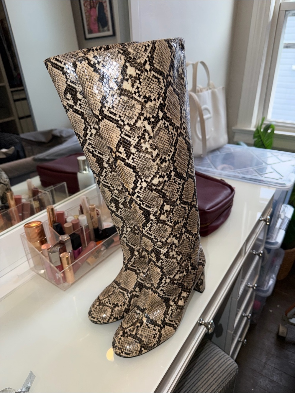 Zara Beige and Black Snake-Print Knee Boots